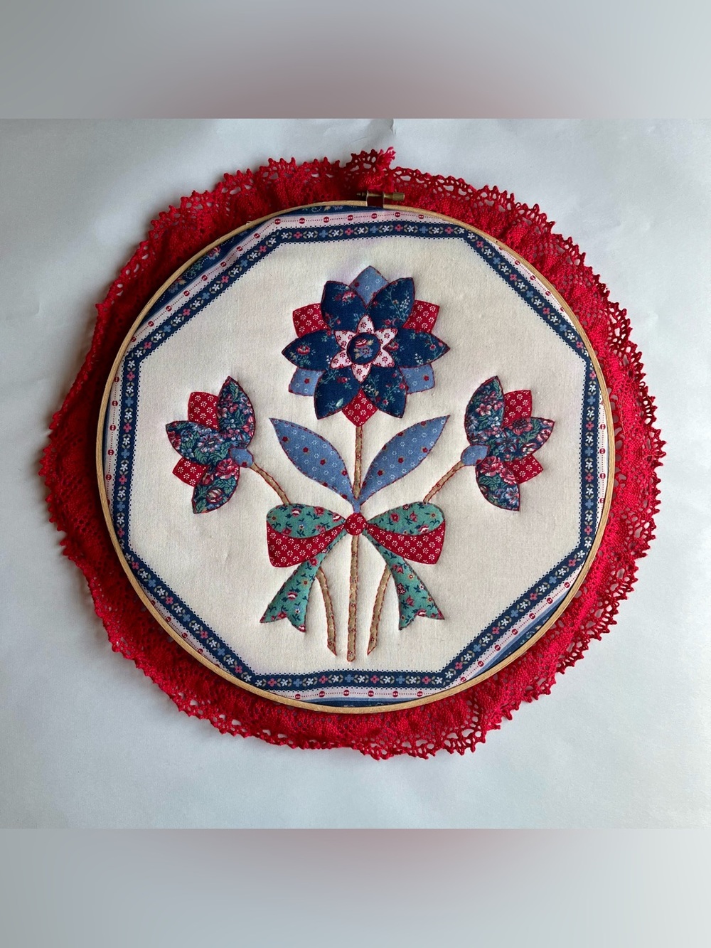 Vintage Handmade Fabric Embroidery Floral Hoop Mounted Wall Art 12.25"